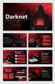 Darknet slides with hooded hacker, red-black theme, wave shapes, binary codes, cybercrime icons, and editable text holders.