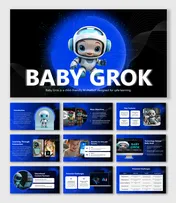 Baby Grok slide deck with cute robot, tech layout, device mockups, learning visuals, and comparison tables.