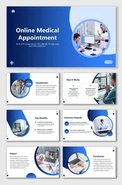 Online Medical Appointment slides show doctors, patients, laptops, video calls, blue-white theme, round shapes, and icons.