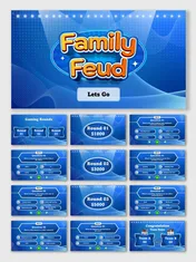 Corporate Family Feud blue slides with Q&A rounds, wave shapes, text holders, scoreboard, timer, icons, and results.