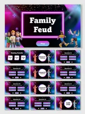 Family Feud Party Game neon slides with avatars, pink-blue lights, Q&A rounds, text holders, and game over.