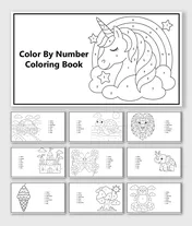 Color By Number Coloring Book with unicorn, rainbow, stars, car, turtle, lion, elephant, butterfly, penguin, castle, shapes.