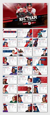 NFL Team slides showing players, stats, divisions, logos, and highlights in red-blue modern sporty layout.