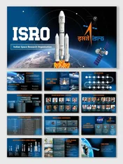 ISRO slides with rockets, satellites, milestones, and space visuals in a blue-orange themed presentation.