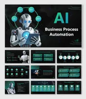 AI Business Process Automation with robots, process icons, neon circuits, and teal-black futuristic slide design.