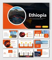 Ethiopia Volcano Eruption slides with lava photos, orange theme, text blocks, icons, and sections on impact and rift system.