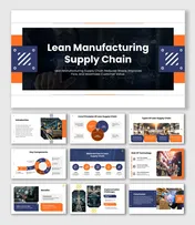 Lean Manufacturing Supply Chain slide with dark theme, orange accents, factory visuals, flow diagrams, icons, and clean text 