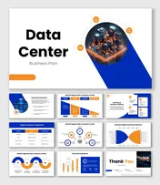 Data Center Business Plan with server visuals, blue–orange theme, charts, icons, and structured content blocks.