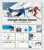 Olympic Winter Games slides show snow sports athletes, blue-white theme, icons, tables, schedules, and event highlights.