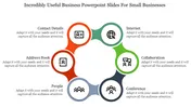 Colorful circular business slide with icons for contact card, globe, collaboration board, people group, and address book.