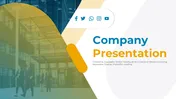 A company PPT slides layout with sections for about, history, services, and team featuring a design in blue and yellow tones.
