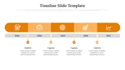 Timeline slide showing years from 2023 to 2027 with icons for each year document, briefcase, gear, target, and graph.