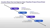 Diagonal timeline design featuring blue and purple ovals with circular connectors, showing years from 2016 to 2019.