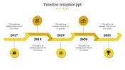 Timeline PowerPoint template with five key years 2017 to 2021, each with a yellow icon representing milestones.