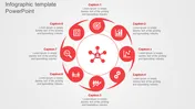 Circular infographic with eight red icons surrounding a central network symbol, each linked to a caption areas.