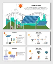 Solar Tower collecting renewable energy using heliostats, solar panels, and wind turbines for power.