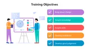 Training Objectives slide with colorful icons, goals, lightbulb graphics, and arrows showing skills and learning focus.
