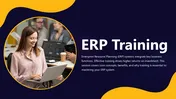 ERP Training presentation showing a woman on laptop, training modules, KPIs, and team visuals with yellow-blue design.