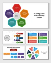 Reconfigurable Manufacturing System slides use colorful shapes, icons, and arrows to show modular, scalable features.