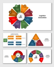 Logistics Innovation visuals showing tech trends, challenges, and benefits using icons, charts, and colorful shapes.