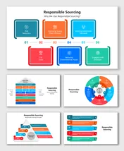 Responsible Sourcing slides with colored blocks, house diagram, circular flow, pyramid stack, and stepwise process bars.