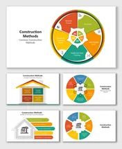 Construction Methods diagram showing modular, steel, concrete types with colorful icons and circular layouts.