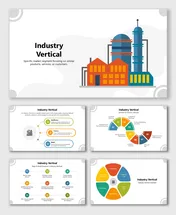 Industry Vertical slide with factory icon, sector types, benefits, and colorful shapes showing business strategy.