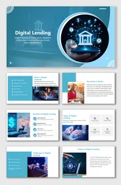 Digital Lending slides with bank and currency icons, blue theme, mobile visuals, benefits, types, and future trends.
