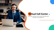 Virtual Call Center slides with colorful shapes and images showing benefits, challenges, tech, and solutions.