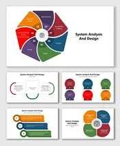 System Analysis And Design slides with cycle charts, colorful shapes, text holders, Customer Order Cycle.