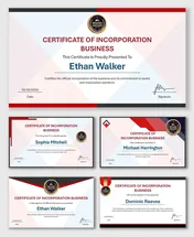 Business Incorporation Certificate with red-blue geometric design, official seal, company name, date and signature.
