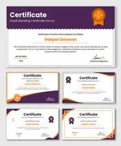 Good Standing Certificate For LLC with purple-orange design, award seal, company name, date and signature fields.