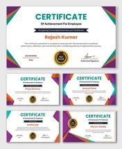 Achievement Certificate For Employee with modern colorful layout, award badge, name text holder, date and signature fields.