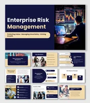 Enterprise Risk Management Examples slides with navy-gold layout, business photos, risk charts and ERM framework steps.