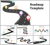 A pack of slides featuring a winding road with five color coded labeled milestones and multiple roadmap designs below.