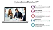 Business proposal slide featuring a laptop displaying a business meeting with five key discussion points on the right side.