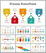 A pack of process slides showcasing five steps from business to profit, with colorful icons and text.
