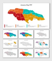 Jamaica map slide deck showing colored regions with labels for parishes, including Kingston, Saint Andrew, and Saint Ann.