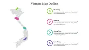 Map of Vietnam with four highlighted areas in green, pink, blue, and purple, each with corresponding icons.