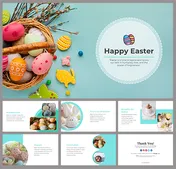 A pack of colorful easter themed slides featuring a basket of decorated eggs and various topic sections.