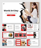 World Art Day PPT with red black theme, artist painting image, brush shapes, text boxes and creative art slides.