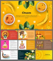 Onam festival slide deck with bright yellow background, traditional dishes, flowers, and cultural illustrations.
