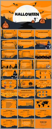 Colorful Halloween PowerPoint slides featuring information on celebrations, games, and global customs.