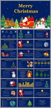 Merry Christmas slide deck overview with festive illustrations, charts, and sections about traditions, food, and gifts.
