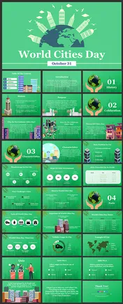Slide deck with green theme featuring city graphics, and sections on history, celebration, characteristics, and facts.