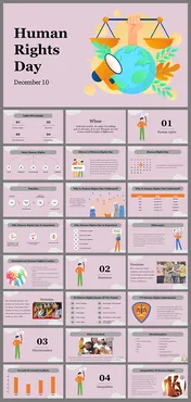 Illustrative slide pack with human rights elements such as hands, scales, and diverse diagrams against a pink background.