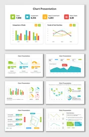 Chart presentation with bar, line, pie, radar charts, colorful icons, text holders, and business data analysis.