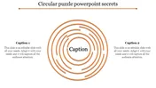 Circular puzzle PowerPoint slide with two captions on either side and concentric orange circles in the center.