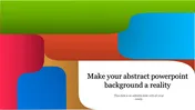 Abstract design slide with shapes creating a layered effect, emphasizing green, red, and blue tones, and a text area.