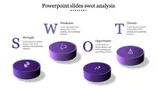 Awesome PowerPoint Slides SWOT Analysis In Purple Color Slide featuring four purple 3D circular platforms, labeled S, W, O, and T, each with associated captions.